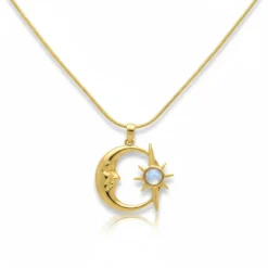 Gold Renk Ay Yıldız Kolye - Taşlı Mitolojik Yüz Detaylı Tasarım